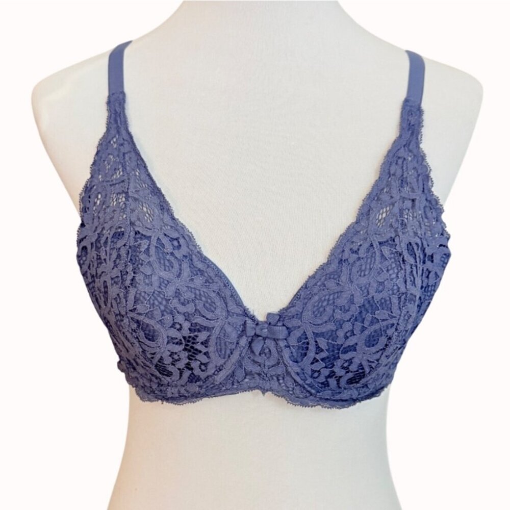 Victorias Secret Body By Victoria Lace Bra 38B Blue Mesh Lined Demi Adjustable